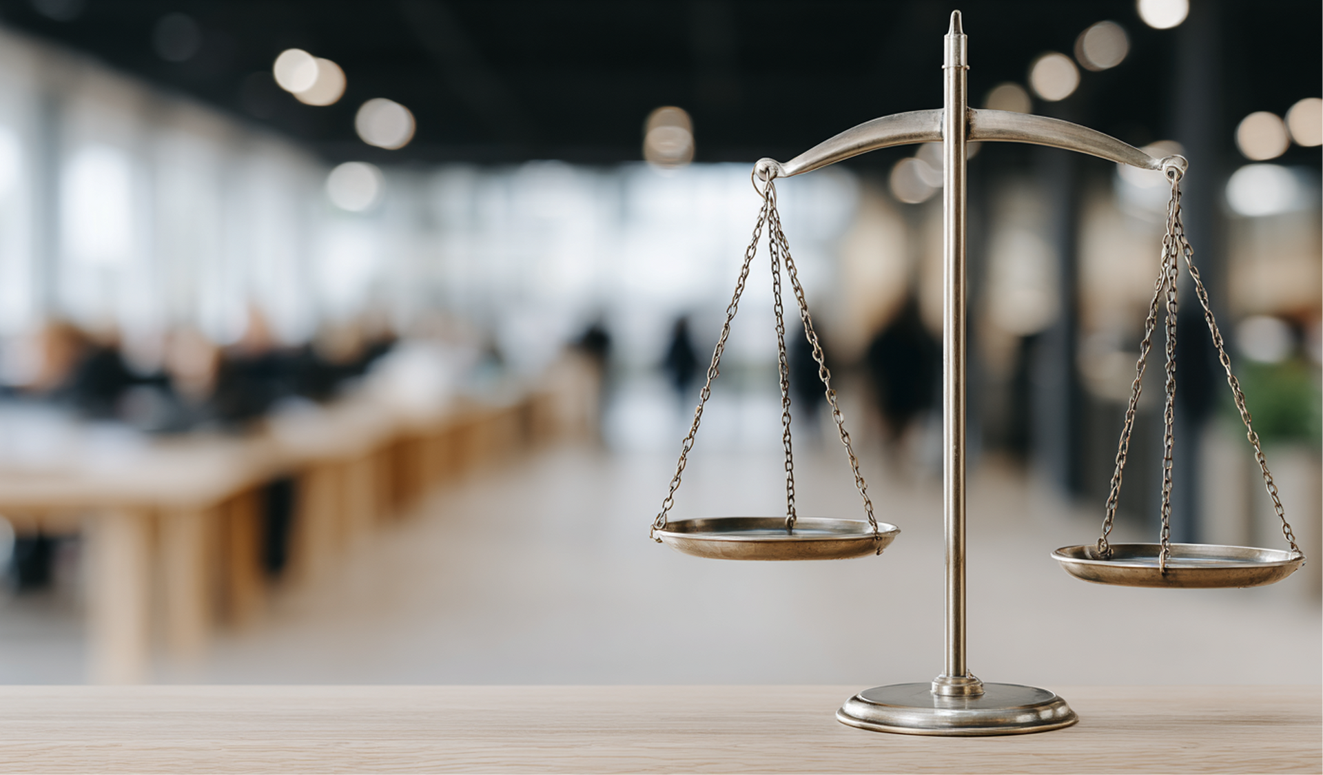Justitia-Waage auf einem Schreibtisch in einem verschwommenen Gerichtssaal