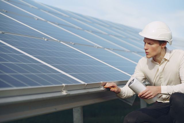 Un hombre con casco mira una tableta delante de un panel solar.