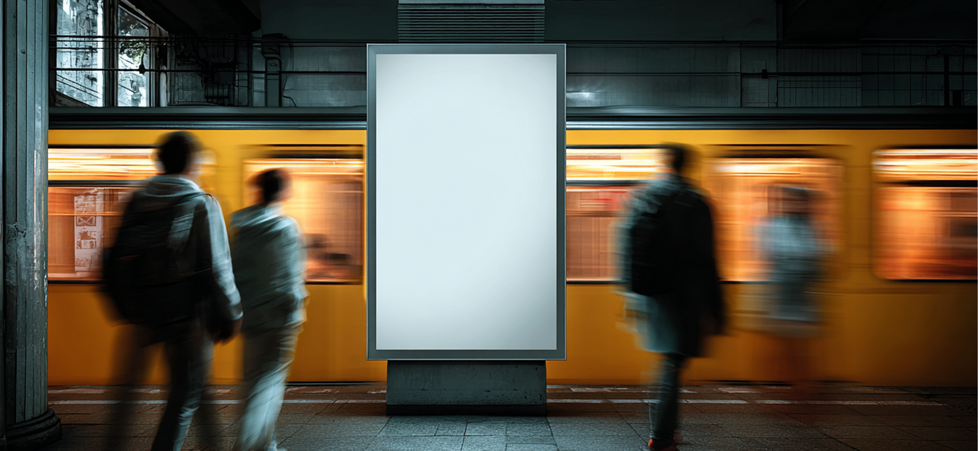 Des personnes debout près d’un panneau publicitaire lumineux sur un quai de métro.