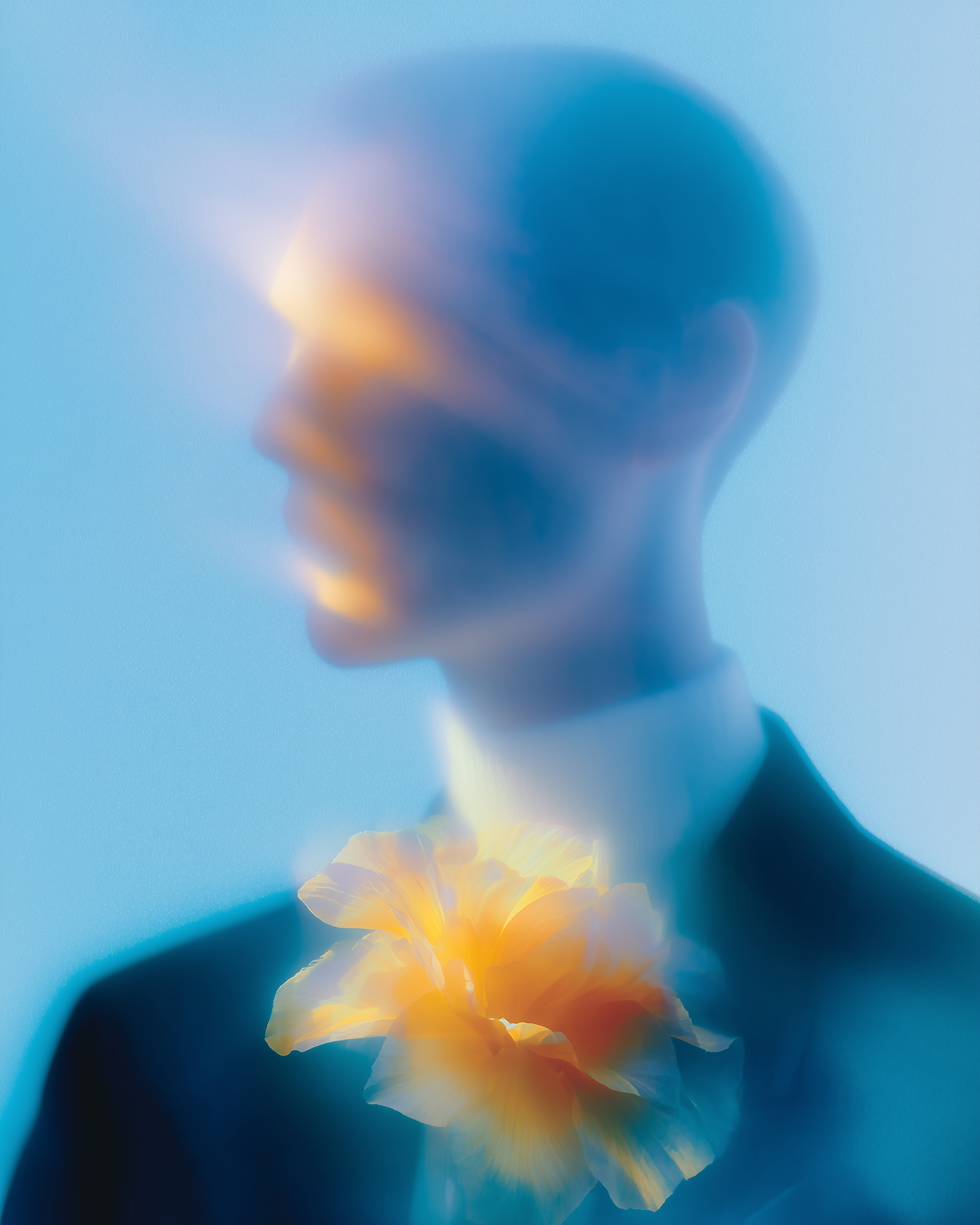 Sumennettu, pehmeäpiirtoinen muotokuva henkilöstä tummassa puvussa, jonka kaulukseen on kiinnitetty suuri, hehkuvan oranssi kukka.