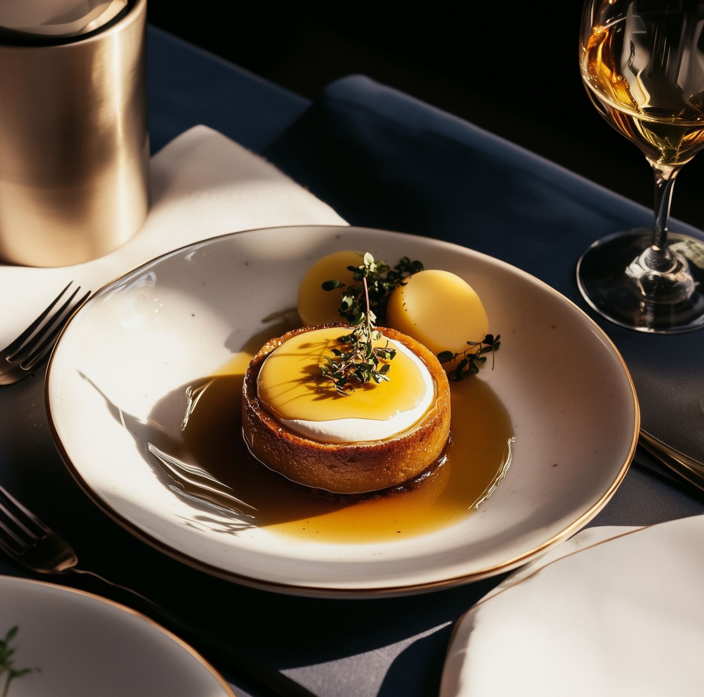 Postre emplatado con guarnición de cítricos y salsa de caramelo sobre una mesa, con una copa de vino cerca.