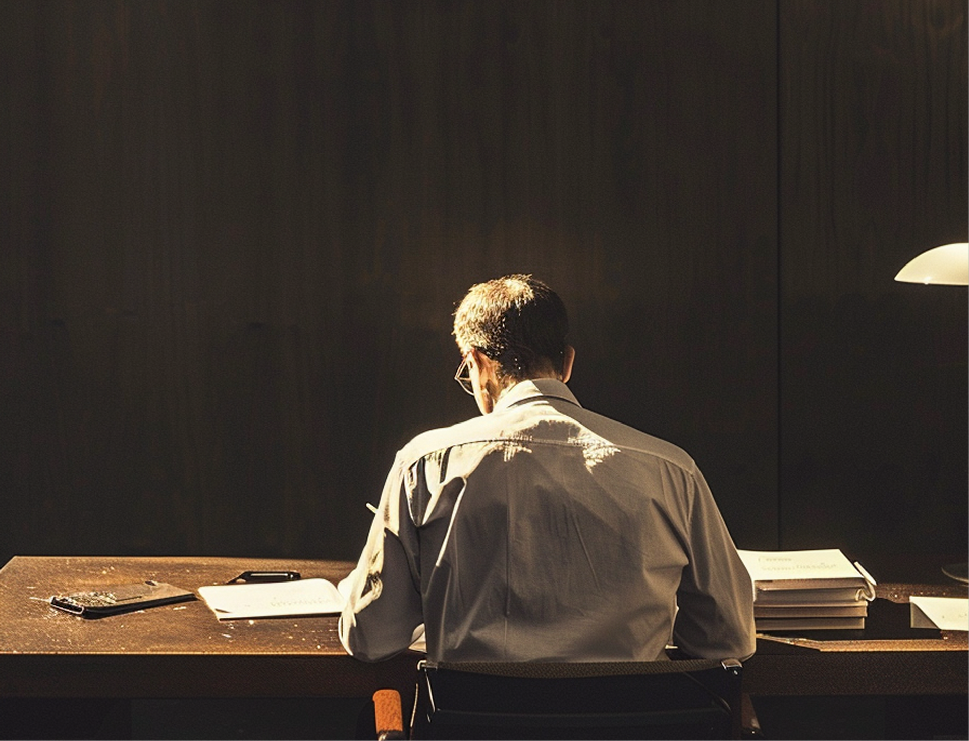 Personne assise à un bureau sous une lampe, vue de dos, avec des papiers éparpillés sur l'espace de travail.