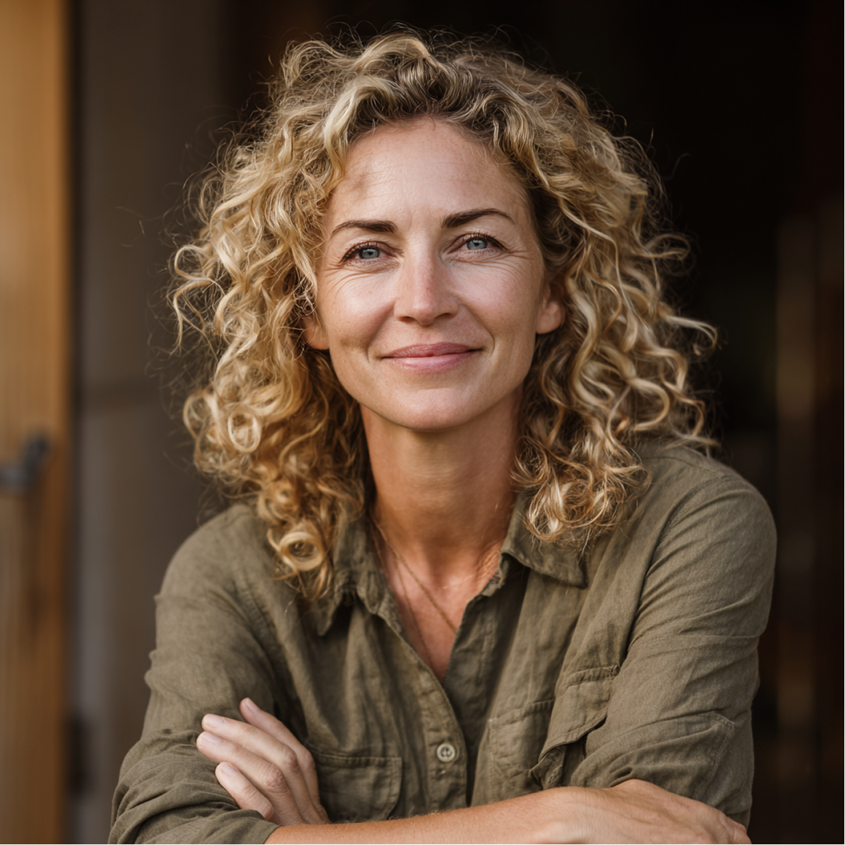 Personne souriante aux cheveux blonds bouclés, les bras croisés, sur fond sombre