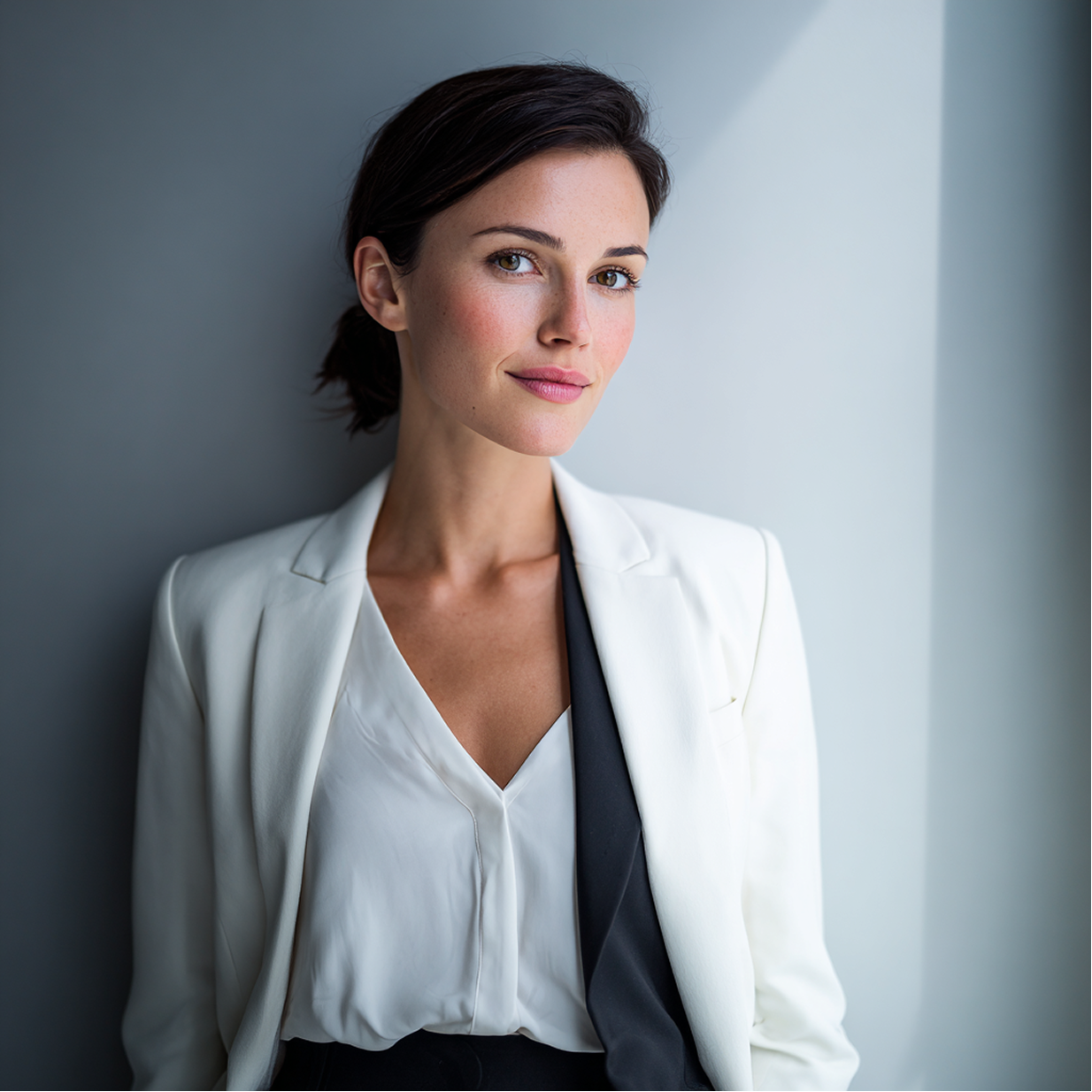 Portrait d'une femme en blazer blanc sur un mur gris clair