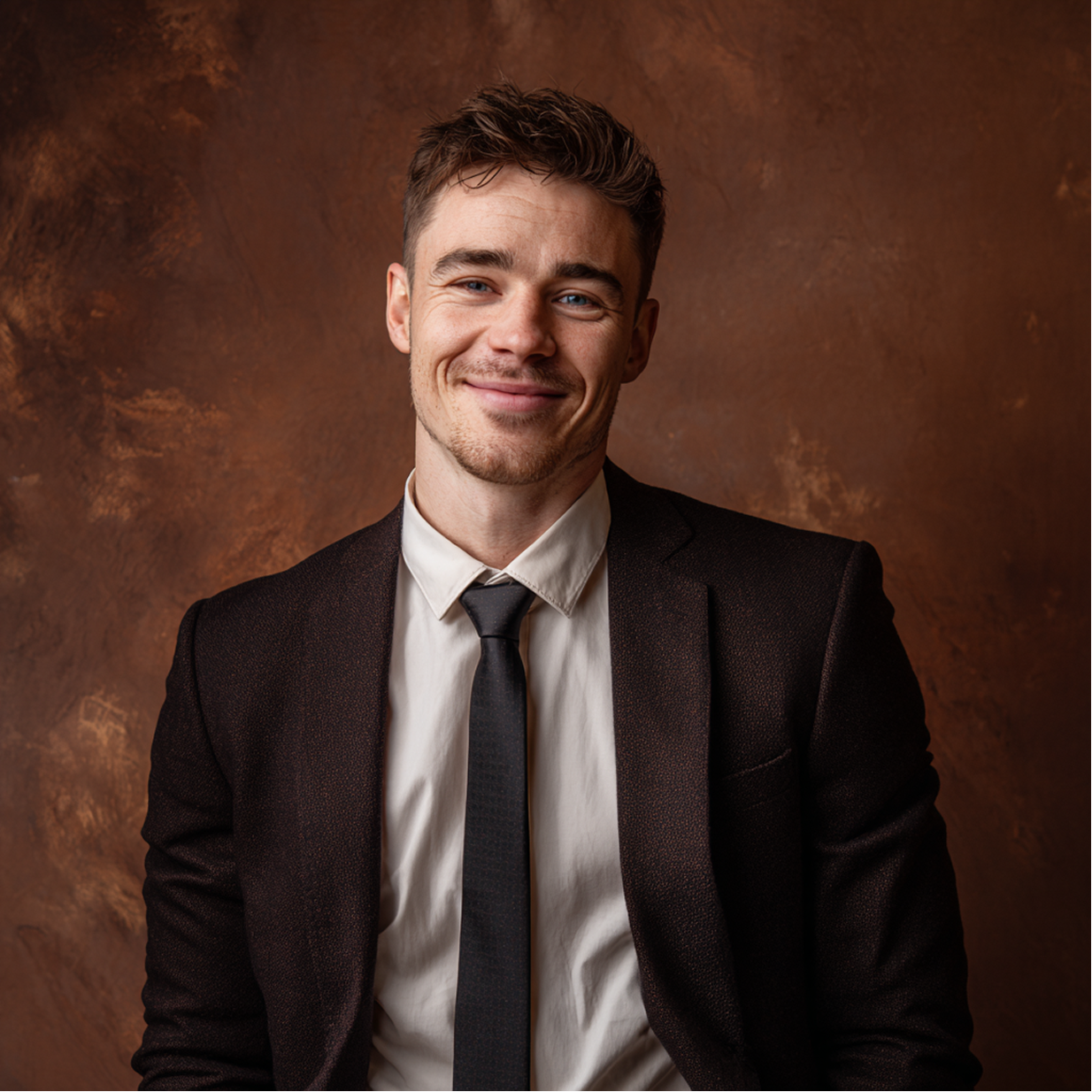 Homme souriant en costume sombre et cravate, se détachant sur un fond de studio brun chaud.