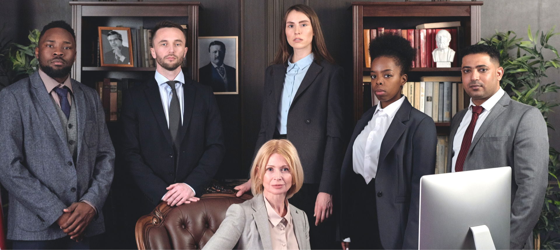 Un grupo de empresarios posan para una fotografía en una oficina.