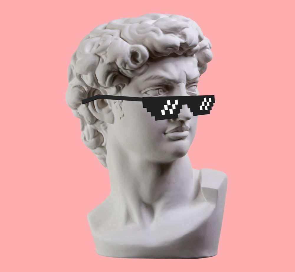 Kopf historischer Figur mit Sonnenbrille