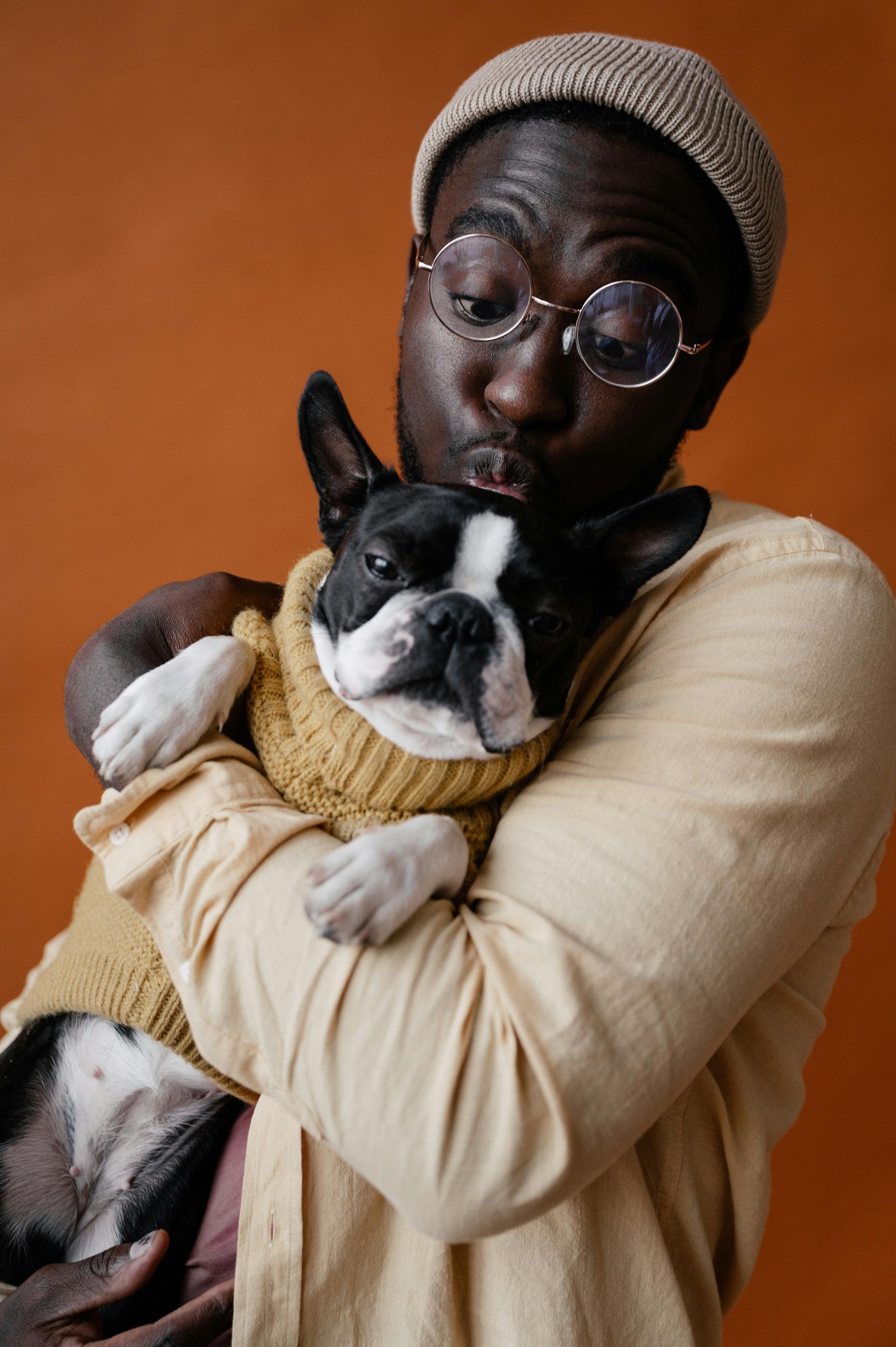 Personne tenant un chien noir et blanc portant un pull jaune sur fond marron