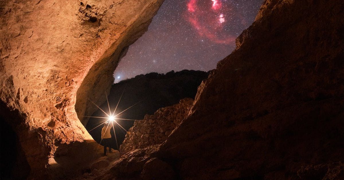 Egypt Cave exploration, night sky, Orion Nebula, starry night, adventure